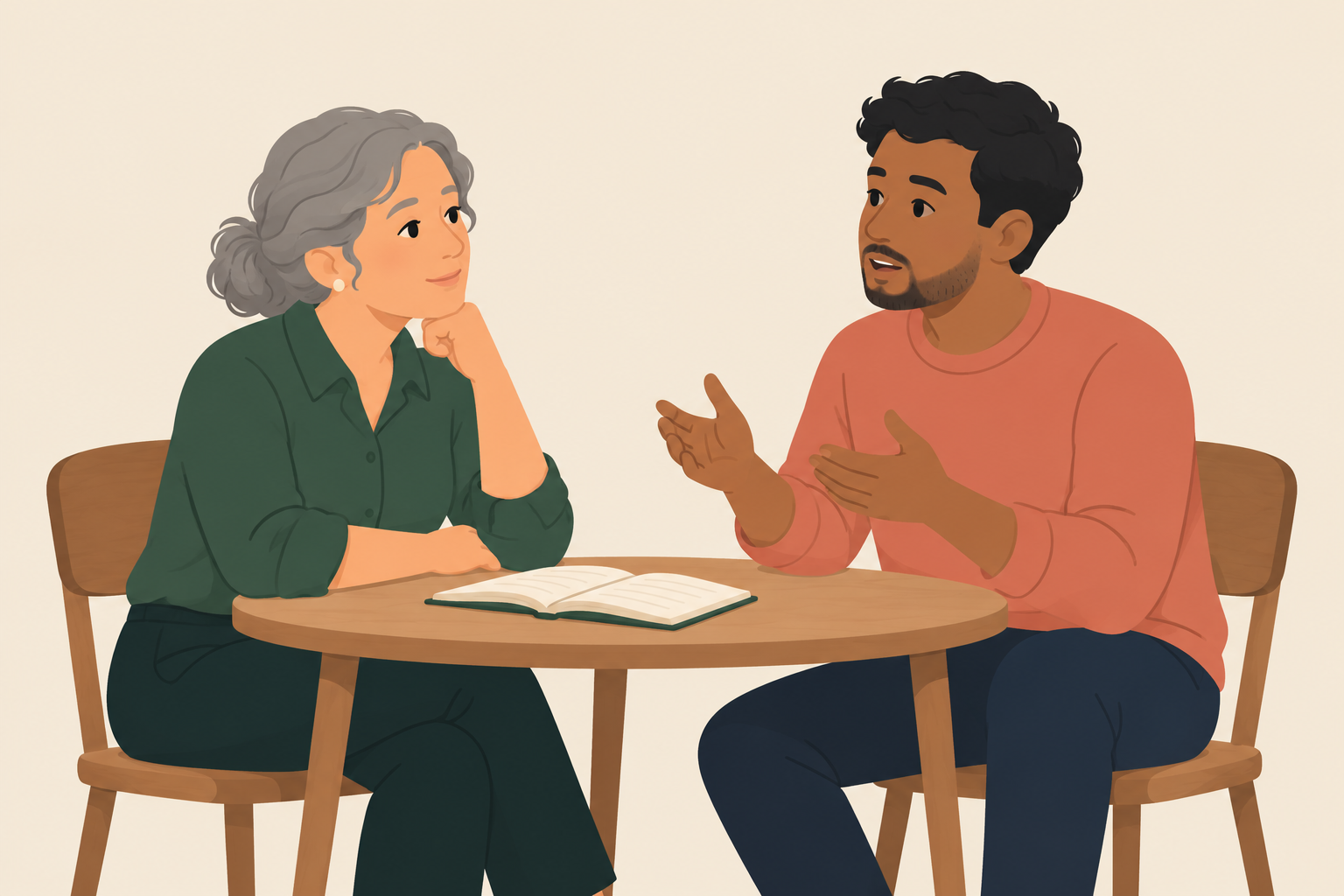 Two people listening and talking together over an open notebook