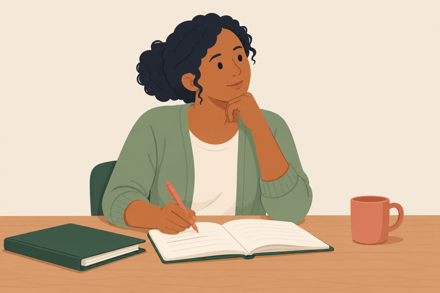 A manager reflecting and making notes before a conversation