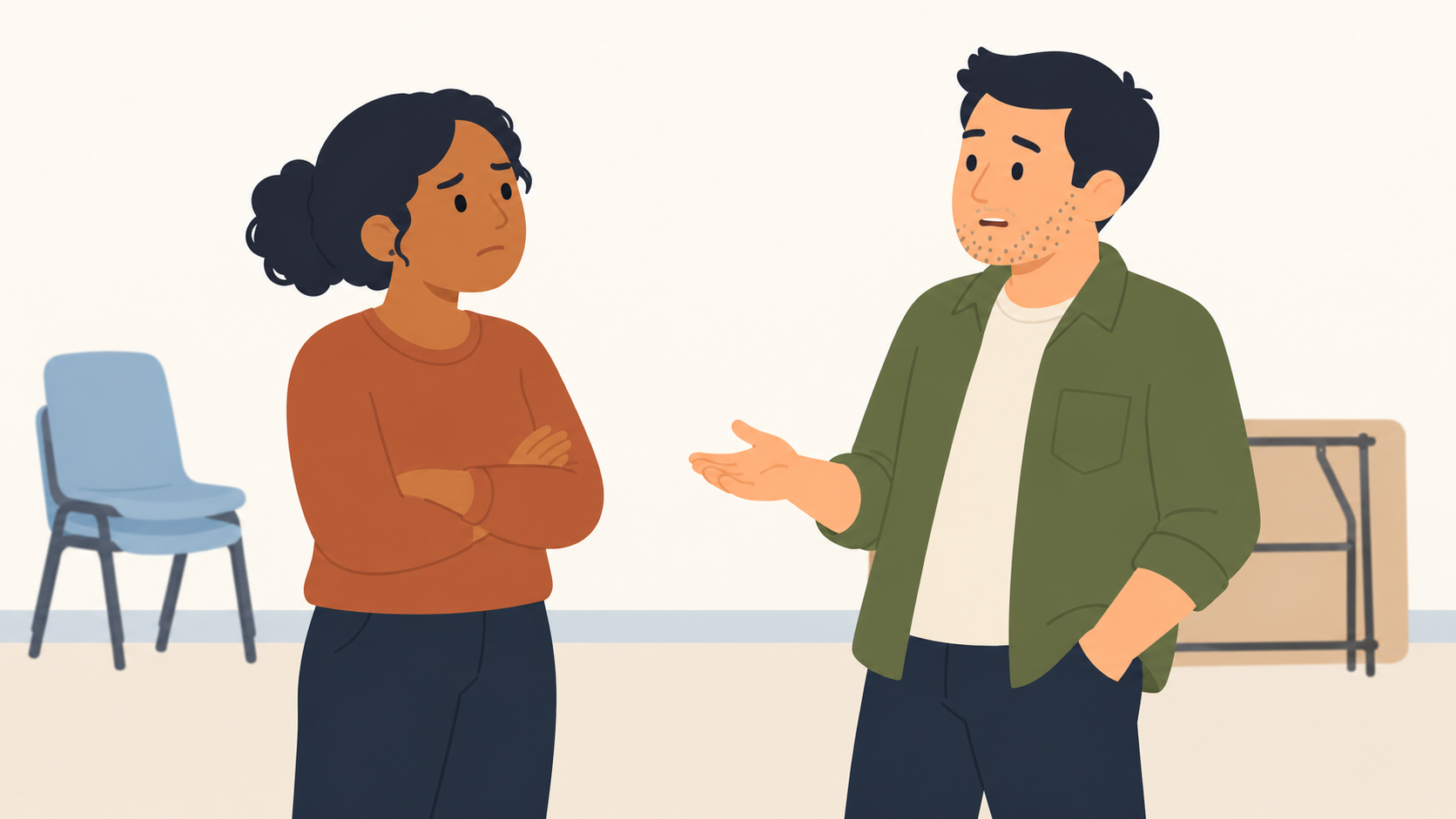 Two fictional colleagues discussing a concern in the course
